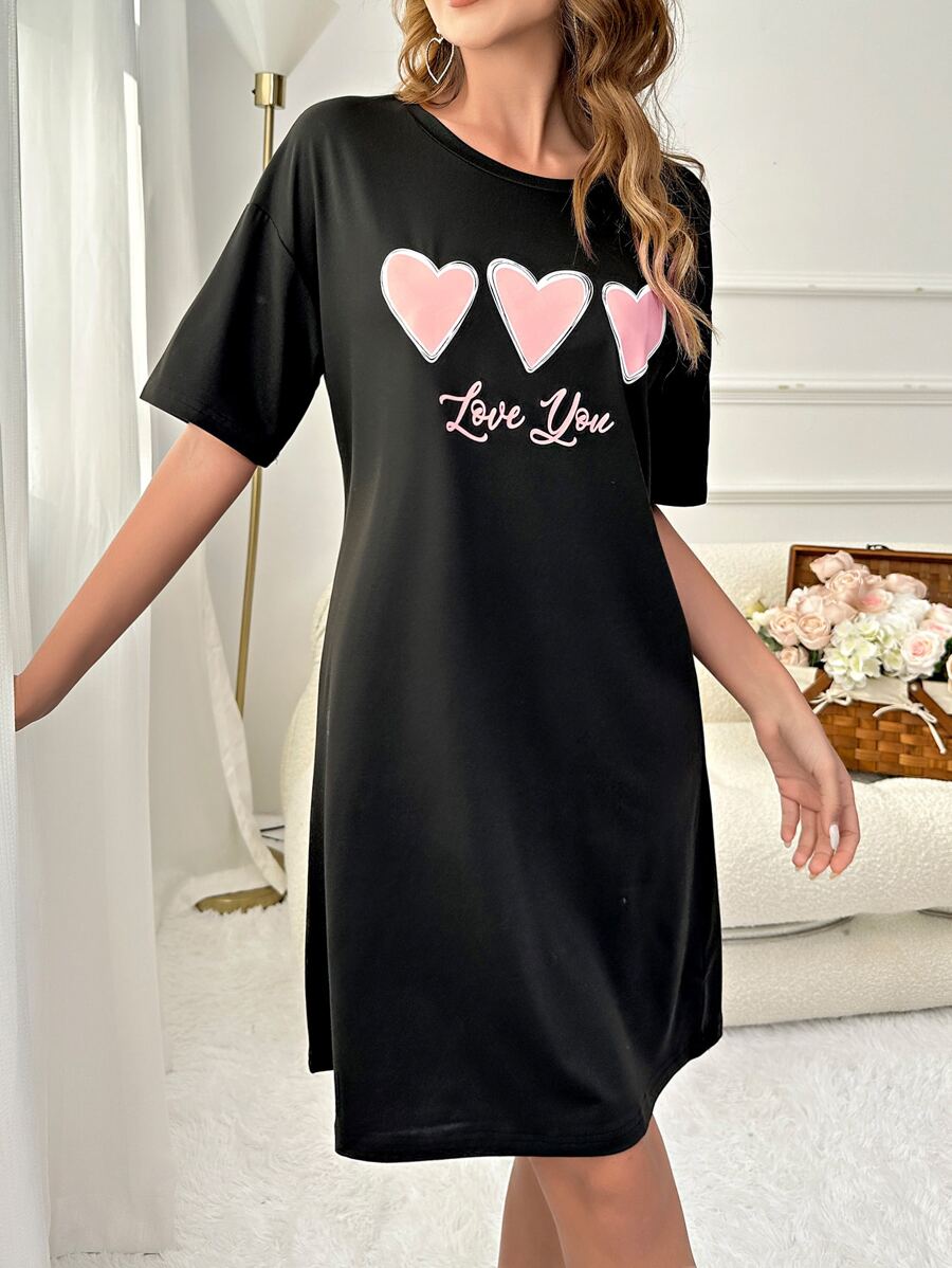 愛心和標語圖案落肩袖睡裙