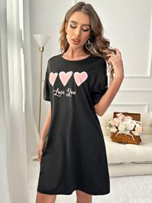 愛心和標語圖案落肩袖睡裙