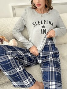 Letter Graphic Tee & Plaid Print Trousers PJ Set - Multicolor - View 4