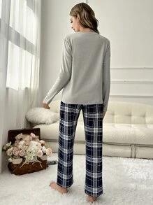 Letter Graphic Tee & Plaid Print Trousers PJ Set - Multicolor - View 2