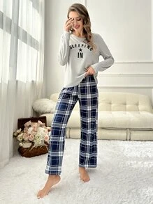 Letter Graphic Tee & Plaid Print Trousers PJ Set - Multicolor - View 3
