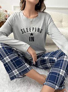 Letter Graphic Tee & Plaid Print Trousers PJ Set - Multicolor - View 6