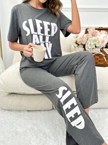 Slogan Graphic Tee & Trousers Lounge Set - Grey - View 1