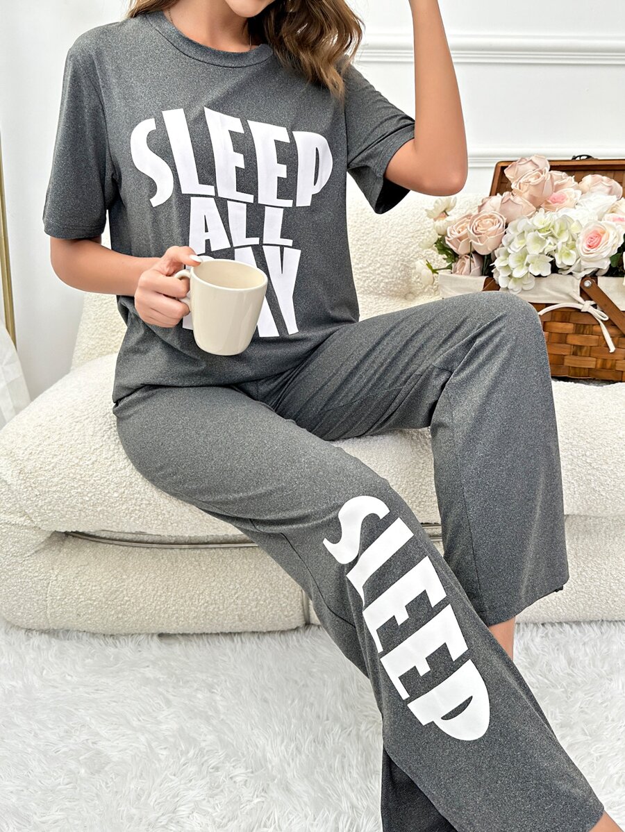 Slogan Graphic Tee & Trousers Lounge Set - Grey - View 1