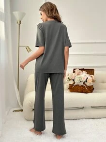 Slogan Graphic Tee & Trousers Lounge Set - Grey - View 2