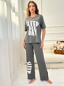 Slogan Graphic Tee & Trousers Lounge Set - Grey - View 3