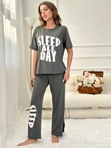 Slogan Graphic Tee & Trousers Lounge Set - Grey - View 4