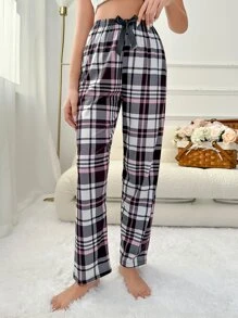 Plaid Print Bow Front Sleep Trousers - Multicolor - View 1