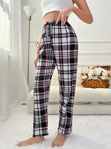 Plaid Print Bow Front Sleep Trousers - Multicolor - View 4