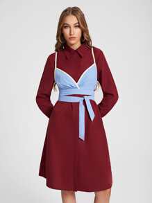 Aletia 襯衫洋裝帶撞色滾邊腰帶貼身吊帶背心 - 彩色 - 查看 2