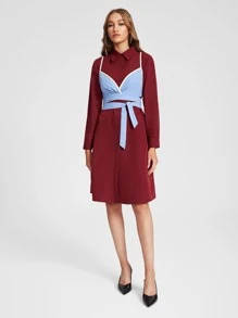 Aletia 襯衫洋裝帶撞色滾邊腰帶貼身吊帶背心 - 彩色 - 查看 4