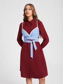 Aletia 襯衫洋裝帶撞色滾邊腰帶貼身吊帶背心 - 彩色 - 查看 5