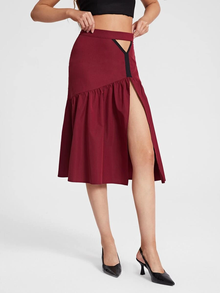 Aletia Cut Out Ruffle Hem Split Thigh Skirt - Burgundy - View 1