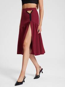 Aletia Cut Out Ruffle Hem Split Thigh Skirt - Burgundy - View 3