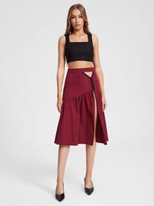 Aletia Cut Out Ruffle Hem Split Thigh Skirt - Burgundy - View 4