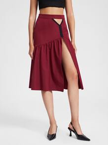 Aletia Cut Out Ruffle Hem Split Thigh Skirt - Burgundy - View 5