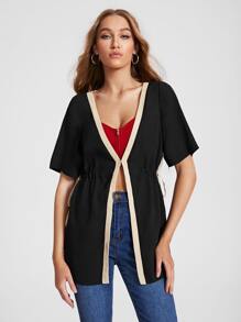Aletia Contrast Trim Drawstring Waist Blouse & Cami Top - Black - View 1