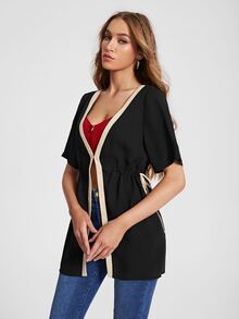 Aletia Contrast Trim Drawstring Waist Blouse & Cami Top - Black - View 4