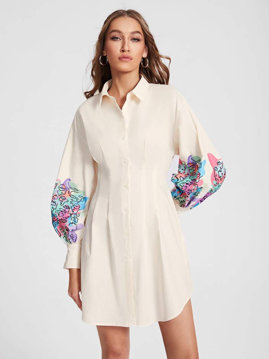 Nath Bermudez 人像圖案燈籠袖褶皺襯衫洋裝