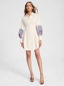 Nath Bermudez 人像圖案燈籠袖褶皺襯衫洋裝