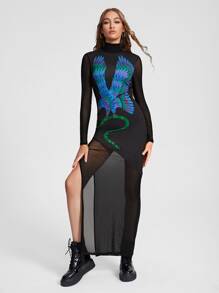 ISELACOS Eagle Print Split Thigh Mesh Dress - Black - View 1