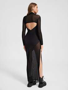 ISELACOS Eagle Print Split Thigh Mesh Dress - Black - View 2