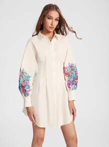 Nath Bermudez 人像圖案燈籠袖褶皺襯衫洋裝