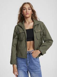 Xqste by Paulette Lewis Flap Pocket Zip Up Jacket - Army Green - View 1