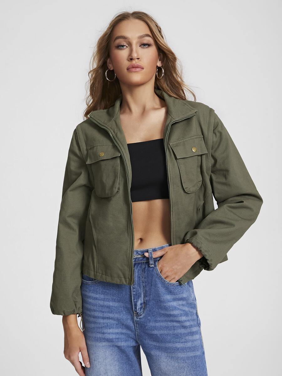 Xqste by Paulette Lewis Flap Pocket Zip Up Jacket - Army Green - View 1