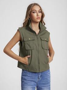 Xqste by Paulette Lewis Flap Pocket Zip Up Jacket - Army Green - View 3