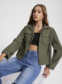 Xqste by Paulette Lewis Flap Pocket Zip Up Jacket - Army Green - View 4