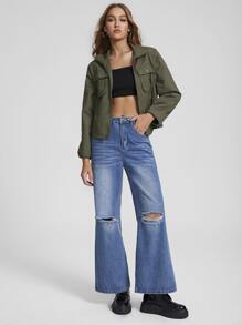 Xqste by Paulette Lewis Flap Pocket Zip Up Jacket - Army Green - View 6
