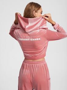 Vibrant Dames Letter Pattern Velvet Zipper Up Hoodie - Dusty Pink - View 1