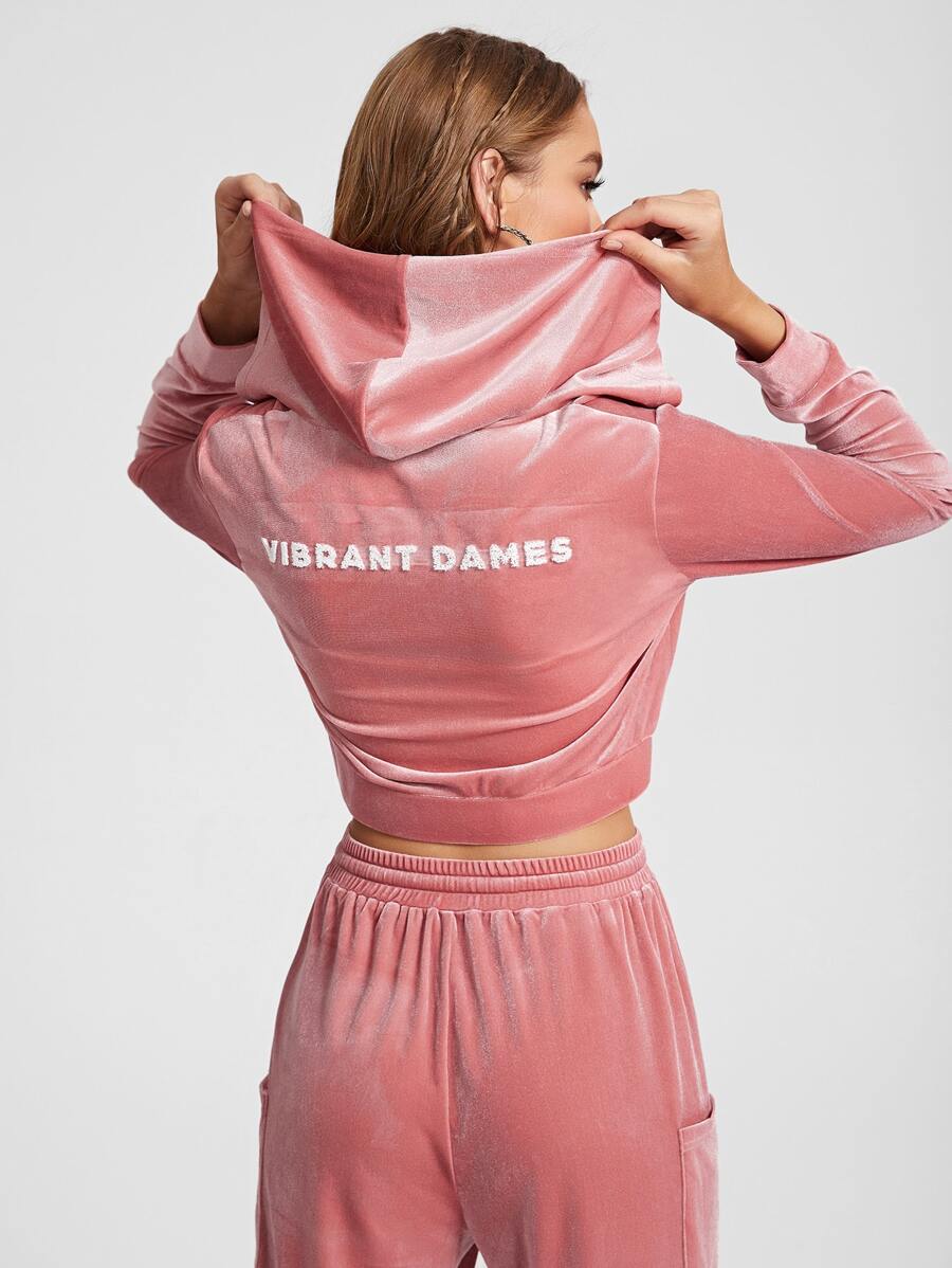 Vibrant Dames Letter Pattern Velvet Zipper Up Hoodie - Dusty Pink - View 1