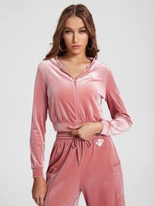 Vibrant Dames Letter Pattern Velvet Zipper Up Hoodie - Dusty Pink - View 2