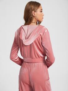 Vibrant Dames Letter Pattern Velvet Zipper Up Hoodie - Dusty Pink - View 4