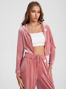 Vibrant Dames Letter Pattern Velvet Zipper Up Hoodie - Dusty Pink - View 5