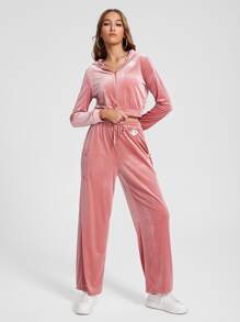 Vibrant Dames Letter Pattern Velvet Zipper Up Hoodie - Dusty Pink - View 6