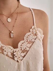 SHEIN Frenchy Áo hai dây Lộ Lưng Tương phản Mesh Thêu màu trơn Thanh lịch - Màu be - Xem 2