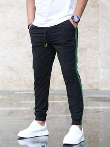 Manfinity Homme Men Contrast Side Seam Drawstring Waist Trousers - Black - View 3