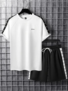 Manfinity Men Letter Graphic Contrast Side Seam Raglan Sleeve Tee & Drawstring Waist Shorts - Black and White - View 1