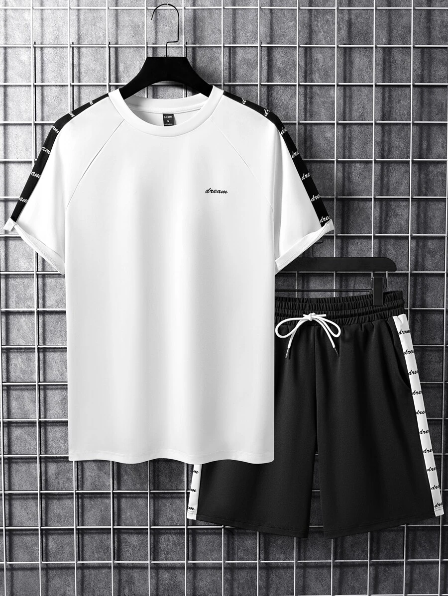 Manfinity Men Letter Graphic Contrast Side Seam Raglan Sleeve Tee & Drawstring Waist Shorts - Black and White - View 1