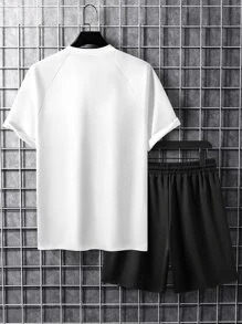 Manfinity Men Letter Graphic Contrast Side Seam Raglan Sleeve Tee & Drawstring Waist Shorts - Black and White - View 2