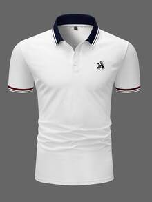 Manfinity Homme Áo thun có cổ Nam Nút phía trước Sọc Giải trí - trắng - Xem 4