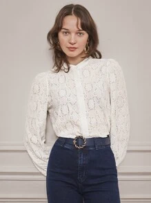 SHEIN Frenchy Lantern Sleeve Button Through Floral Blouse Summer White Elegant - White - View 1