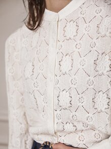 SHEIN Frenchy Lantern Sleeve Button Through Floral Blouse Summer White Elegant - White - View 3