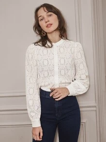 SHEIN Frenchy Lantern Sleeve Button Through Floral Blouse Summer White Elegant - White - View 4