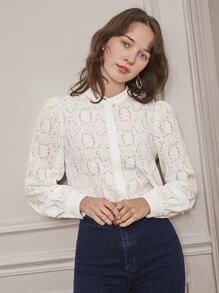 SHEIN Frenchy Lantern Sleeve Button Through Floral Blouse Summer White Elegant - White - View 5