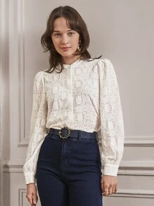 SHEIN Frenchy Lantern Sleeve Button Through Floral Blouse Summer White Elegant - White - View 6