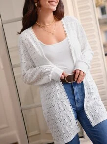 SHEIN Frenchy Pointelle Knit Open Front Coat Winter White Casual - White - View 3